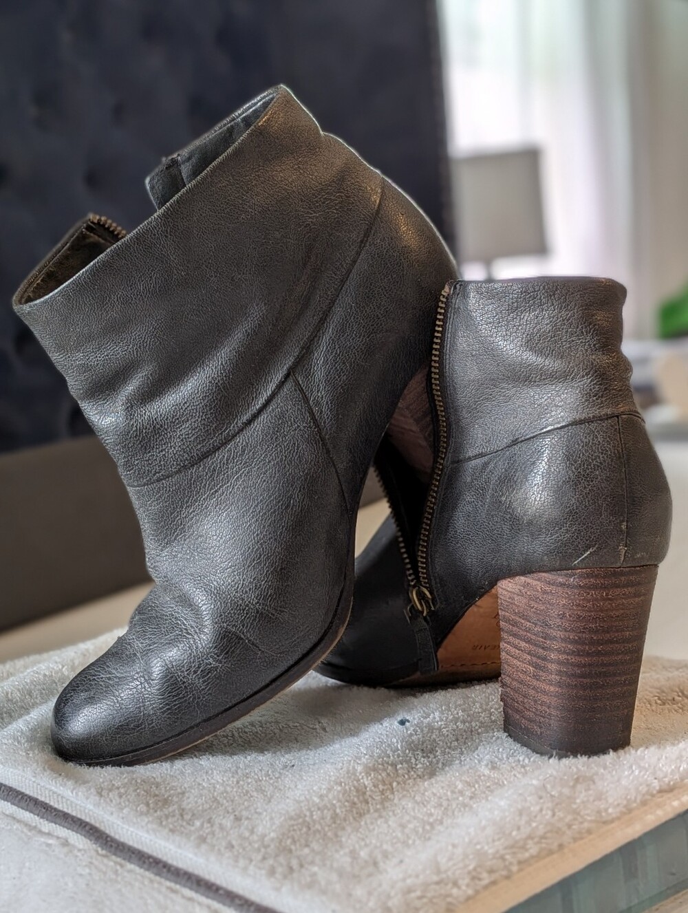 Cole Haan Charcoal Leather Ankle Booties with Stacked Heel
